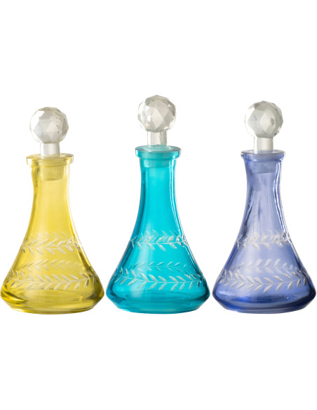 Lot de 3 Bouteilles déco style méditerrannée H 16 cm Verre Jaune Turquoise Bleu Tarifa 
