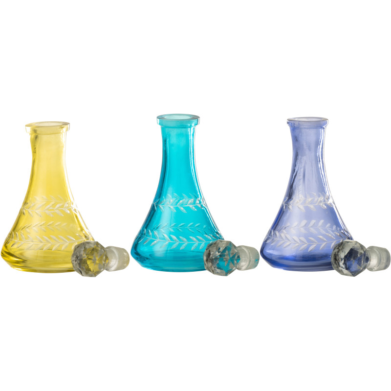 Lot de 3 Bouteilles déco style méditerrannée H 16 cm Verre Jaune Turquoise Bleu Tarifa 