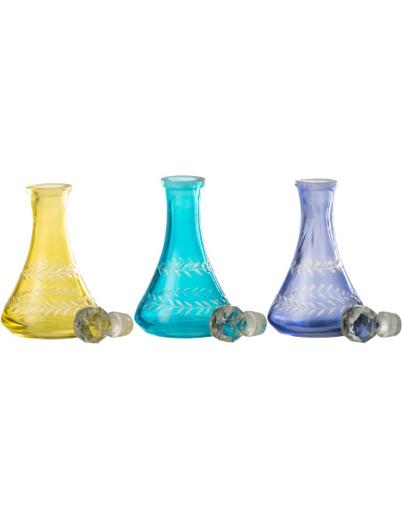Lot de 3 Bouteilles déco style méditerrannée H 16 cm Verre Jaune Turquoise Bleu Tarifa 