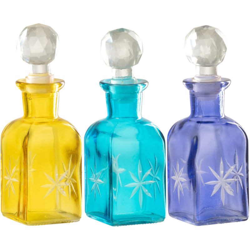 Lot de 3 Bouteilles déco style méditerrannée H 12 cm Verre Jaune Turquoise Bleu Tarifa 