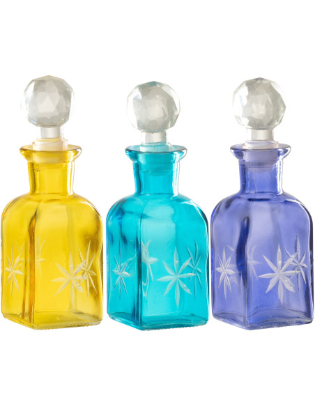 Lot de 3 Bouteilles déco style méditerrannée H 12 cm Verre Jaune Turquoise Bleu Tarifa 