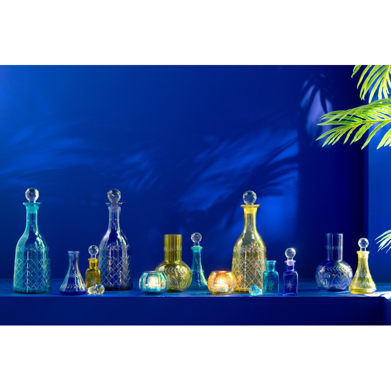 Lot de 3 Bouteilles déco style méditerrannée H 12 cm Verre Jaune Turquoise Bleu Tarifa 