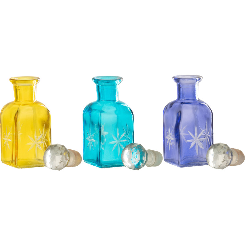 Lot de 3 Bouteilles déco style méditerrannée H 12 cm Verre Jaune Turquoise Bleu Tarifa 
