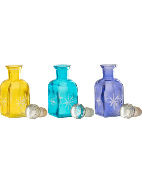 Lot de 3 Bouteilles déco style méditerrannée H 12 cm Verre Jaune Turquoise Bleu Tarifa 