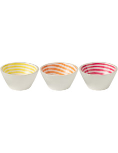 Lot de 3 Bols apéro Japandi pop Rond 15 cm Bois de manguier Blanc Jaune Orange Rose Motif spirale Uzuori 