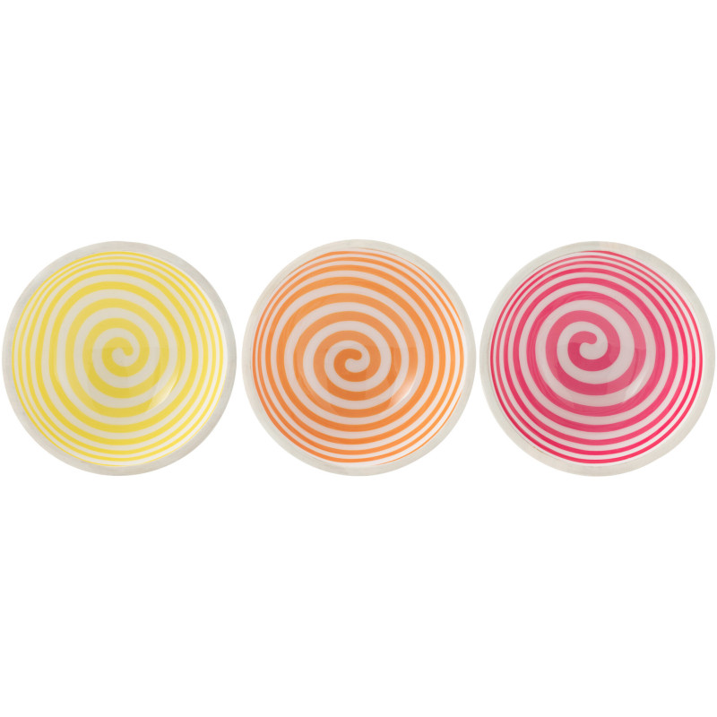 Lot de 3 Bols apéro Japandi pop Rond 15 cm Bois de manguier Blanc Jaune Orange Rose Motif spirale Uzuori 