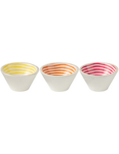 Lot de 3 Bols apéro Japandi pop Rond 10 cm Bois de manguier Blanc Jaune Orange Rose Motif spirale Uzuori 