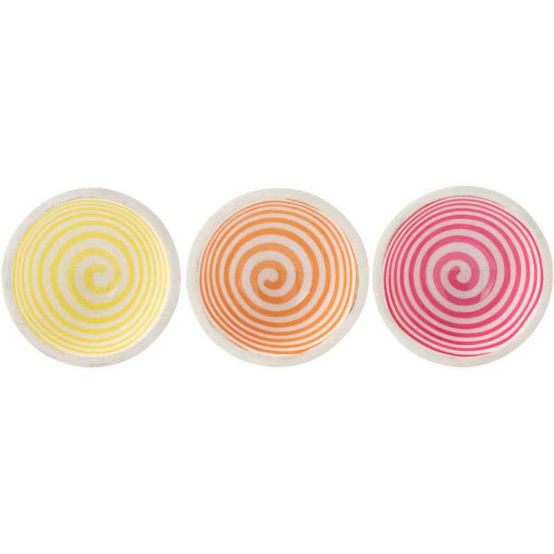 Lot de 3 Bols apéro Japandi pop Rond 10 cm Bois de manguier Blanc Jaune Orange Rose Motif spirale Uzuori 