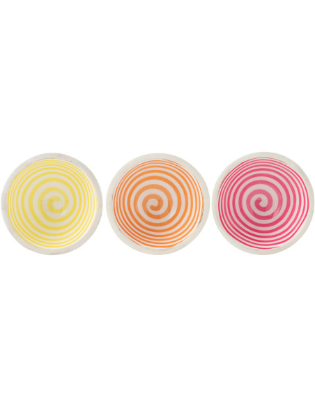 Lot de 3 Bols apéro Japandi pop Rond 10 cm Bois de manguier Blanc Jaune Orange Rose Motif spirale Uzuori 