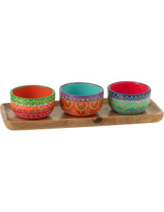 Lot de 3 Bols apéro indiens avec plateau 33 cm Terre cuite Multicolore Bois Naturel Mumbai 