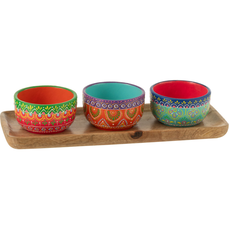 Lot de 3 Bols apéro indiens avec plateau 33 cm Terre cuite Multicolore Bois Naturel Mumbai 