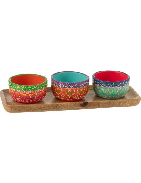 Lot de 3 Bols apéro indiens avec plateau 33 cm Terre cuite Multicolore Bois Naturel Mumbai 