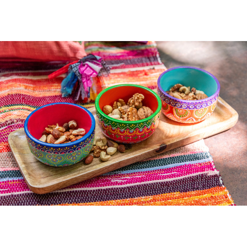 Lot de 3 Bols apéro indiens avec plateau 33 cm Terre cuite Multicolore Bois Naturel Mumbai 