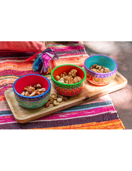 Lot de 3 Bols apéro indiens avec plateau 33 cm Terre cuite Multicolore Bois Naturel Mumbai 