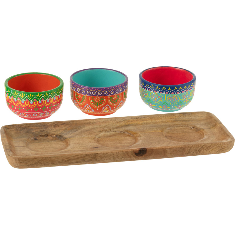 Lot de 3 Bols apéro indiens avec plateau 33 cm Terre cuite Multicolore Bois Naturel Mumbai 
