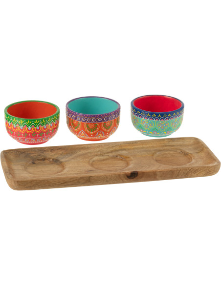 Lot de 3 Bols apéro indiens avec plateau 33 cm Terre cuite Multicolore Bois Naturel Mumbai 