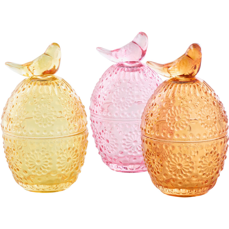 Lot de 3 Boîtes déco Oiseau avec couvercle Oeuf Verre Jaune Rose Orange Luminadia 
