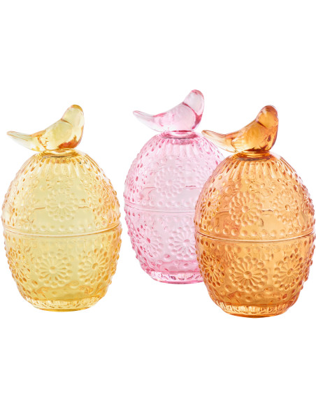 Lot de 3 Boîtes déco Oiseau avec couvercle Oeuf Verre Jaune Rose Orange Luminadia 