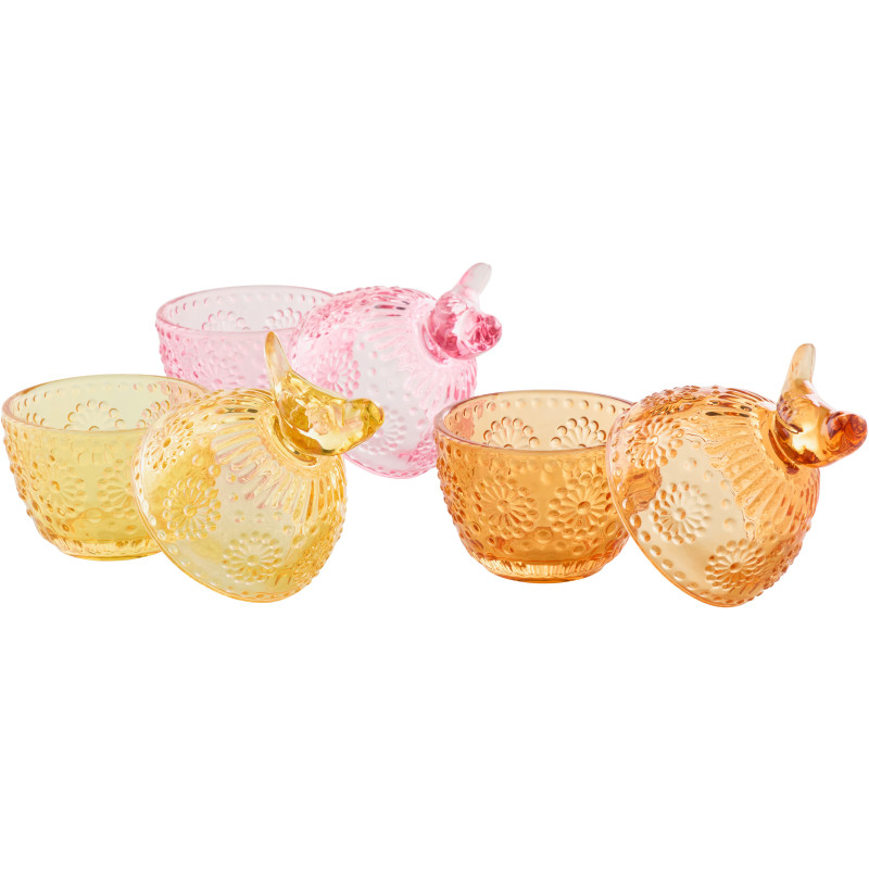 Lot de 3 Boîtes déco Oiseau avec couvercle Oeuf Verre Jaune Rose Orange Luminadia 