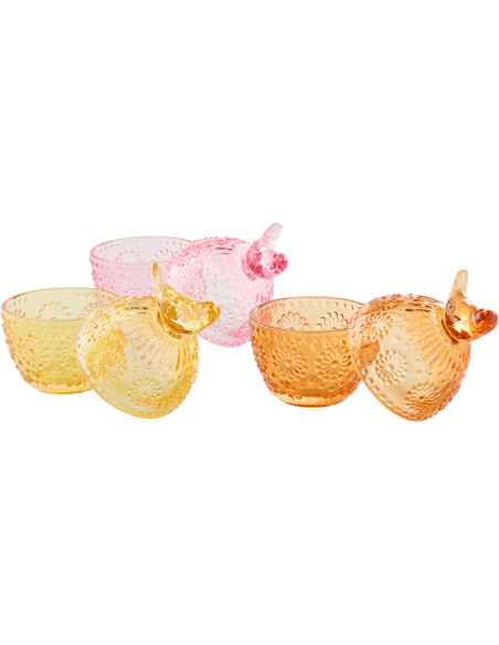 Lot de 3 Boîtes déco Oiseau avec couvercle Oeuf Verre Jaune Rose Orange Luminadia 