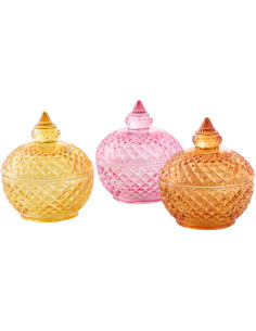 Lot de 3 Boîtes déco avec couvercle Ronde Verre Jaune Rose Orange Luminadia 