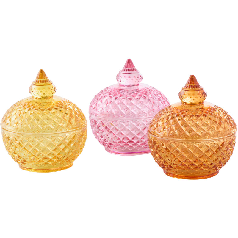 Lot de 3 Boîtes déco avec couvercle Ronde Verre Jaune Rose Orange Luminadia 
