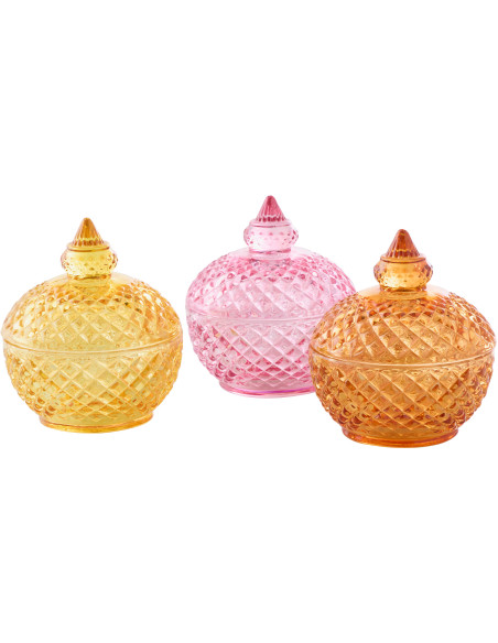 Lot de 3 Boîtes déco avec couvercle Ronde Verre Jaune Rose Orange Luminadia 