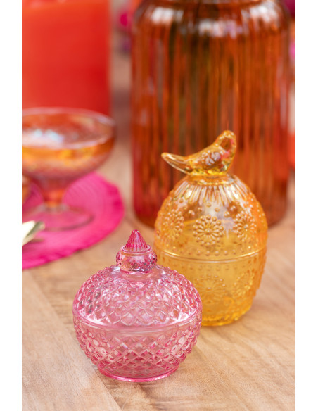 Lot de 3 Boîtes déco avec couvercle Ronde Verre Jaune Rose Orange Luminadia 