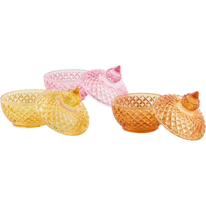Lot de 3 Boîtes déco avec couvercle Ronde Verre Jaune Rose Orange Luminadia 