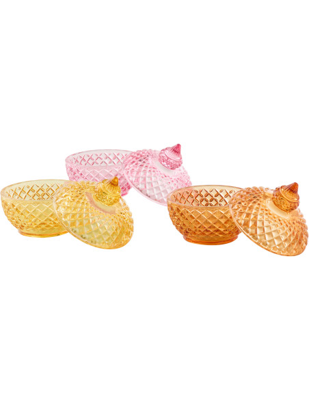 Lot de 3 Boîtes déco avec couvercle Ronde Verre Jaune Rose Orange Luminadia 