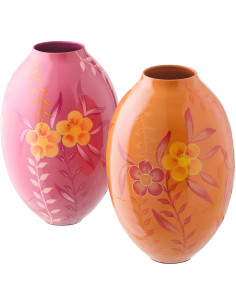Lot de 2 Vases style seventies néo-folk Ovale H 38 cm Métal Orange Rose Laqué Motif fleurs Florezina 