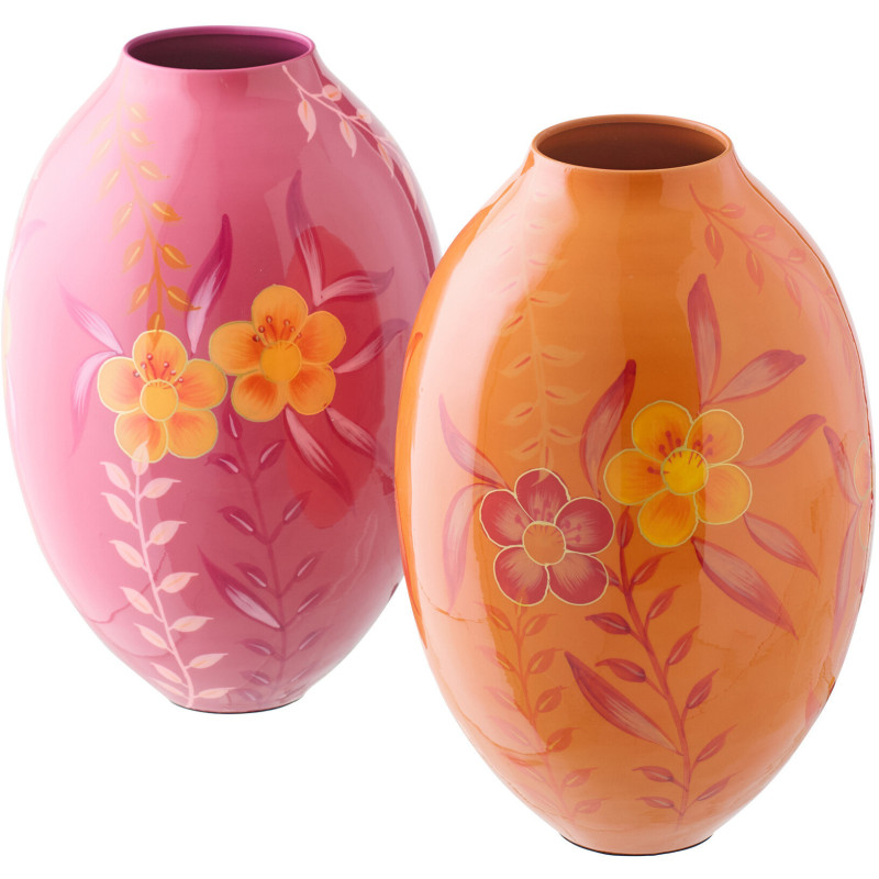 Lot de 2 Vases style seventies néo-folk Ovale H 38 cm Métal Orange Rose Laqué Motif fleurs Florezina 