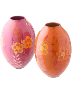 Lot de 2 Vases style seventies néo-folk Ovale H 24 cm Métal Orange Rose Laqué Motif fleurs Florezina 