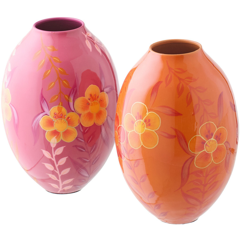 Lot de 2 Vases style seventies néo-folk Ovale H 24 cm Métal Orange Rose Laqué Motif fleurs Florezina 
