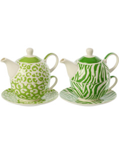 Lot de 2 Théières égoïstes Jungle chic Porcelaine Vert Blanc Motif zèbre & léopard Léoze 