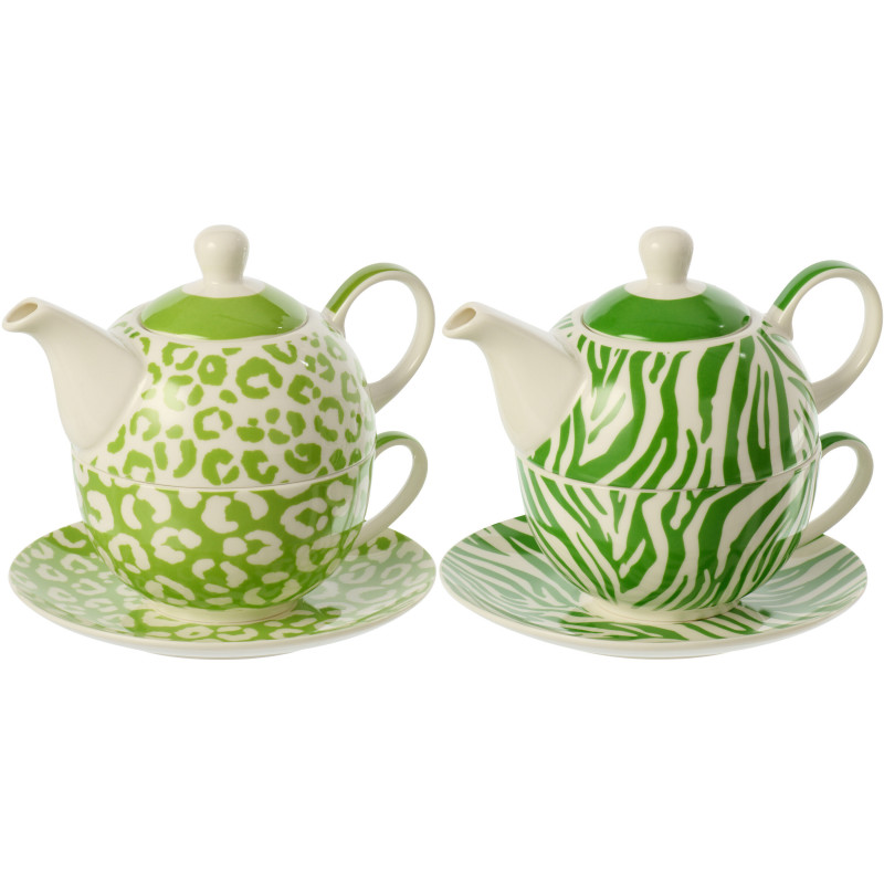 Lot de 2 Théières égoïstes Jungle chic Porcelaine Vert Blanc Motif zèbre & léopard Léoze 
