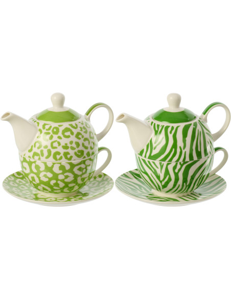 Lot de 2 Théières égoïstes Jungle chic Porcelaine Vert Blanc Motif zèbre & léopard Léoze 