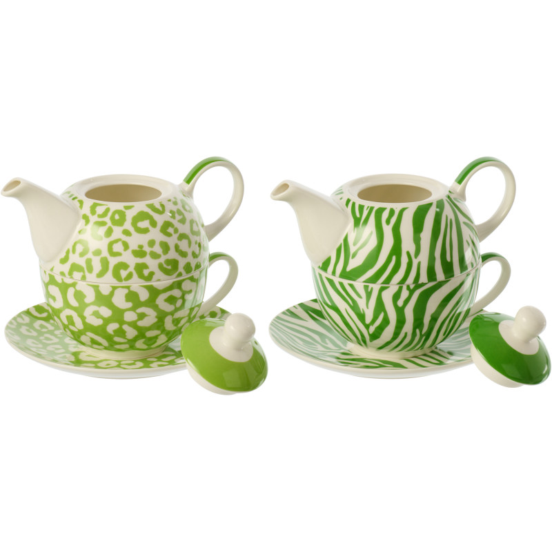 Lot de 2 Théières égoïstes Jungle chic Porcelaine Vert Blanc Motif zèbre & léopard Léoze 