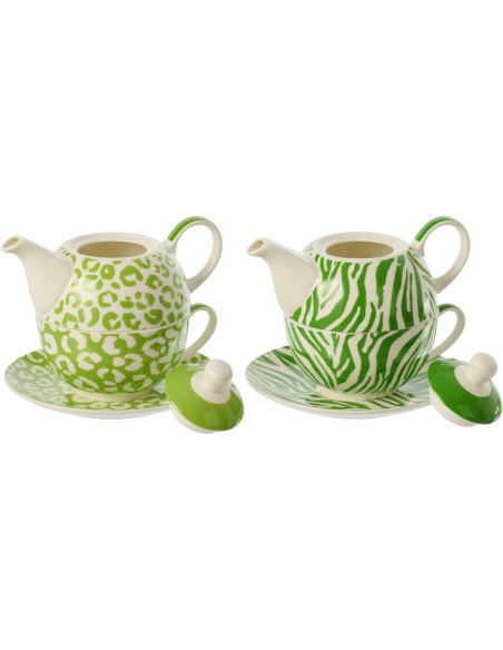 Lot de 2 Théières égoïstes Jungle chic Porcelaine Vert Blanc Motif zèbre & léopard Léoze 
