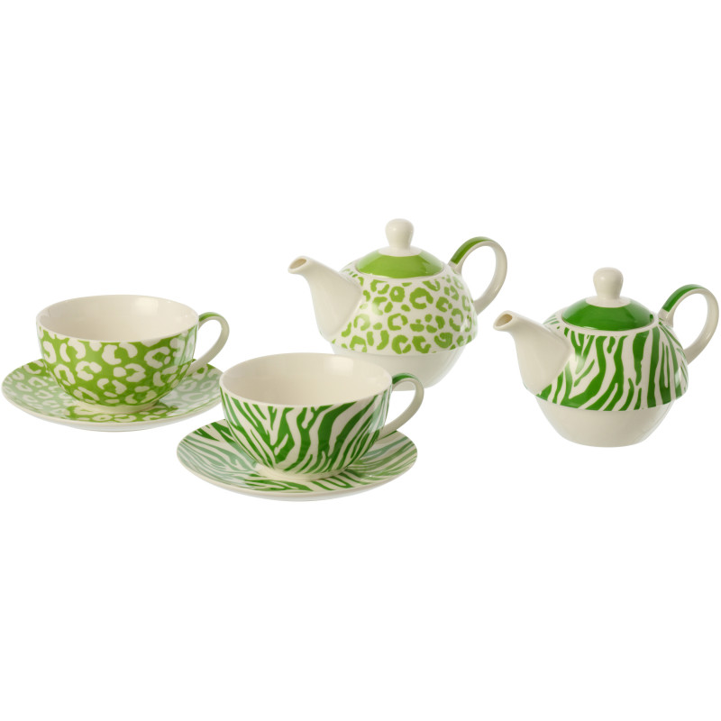 Lot de 2 Théières égoïstes Jungle chic Porcelaine Vert Blanc Motif zèbre & léopard Léoze 