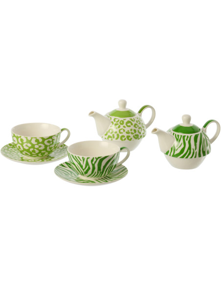 Lot de 2 Théières égoïstes Jungle chic Porcelaine Vert Blanc Motif zèbre & léopard Léoze 