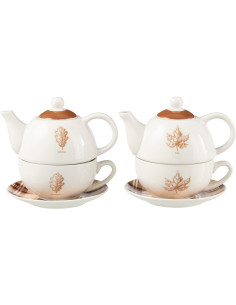 Lot de 2 Théières égoïstes campagne chic Céramique Blanc Marron Motif feuilles Leavina 
