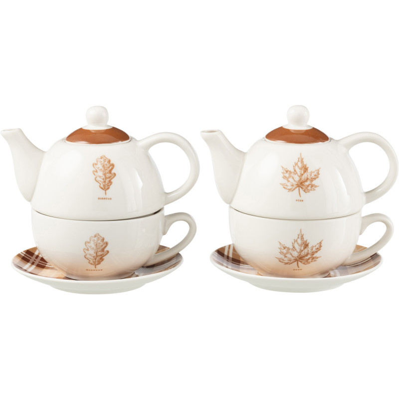 Lot de 2 Théières égoïstes campagne chic Céramique Blanc Marron Motif feuilles Leavina 