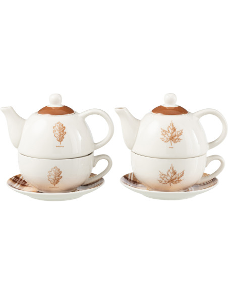 Lot de 2 Théières égoïstes campagne chic Céramique Blanc Marron Motif feuilles Leavina 