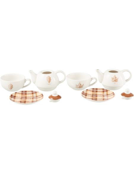 Lot de 2 Théières égoïstes campagne chic Céramique Blanc Marron Motif feuilles Leavina 