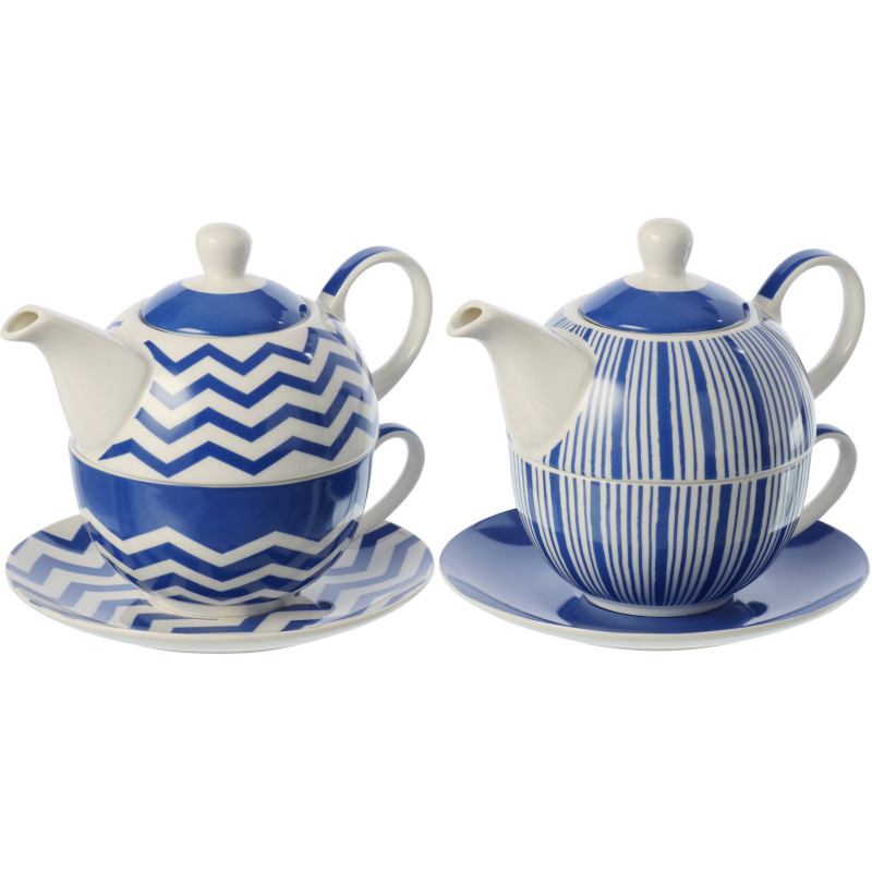 Lot de 2 Théières égoïstes bord de mer Porcelaine Bleu Blanc Motif lignes Ondeona 