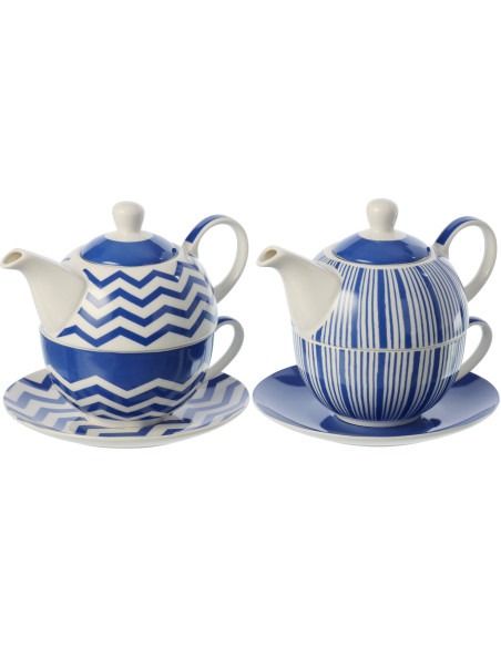 Lot de 2 Théières égoïstes bord de mer Porcelaine Bleu Blanc Motif lignes Ondeona 