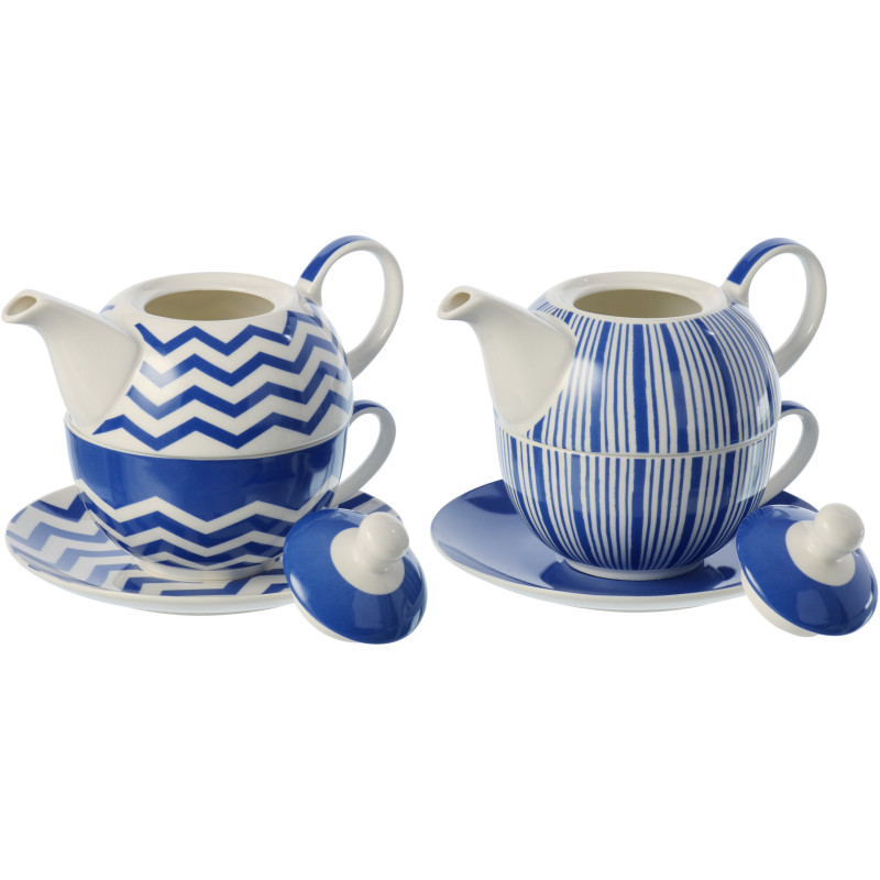 Lot de 2 Théières égoïstes bord de mer Porcelaine Bleu Blanc Motif lignes Ondeona 
