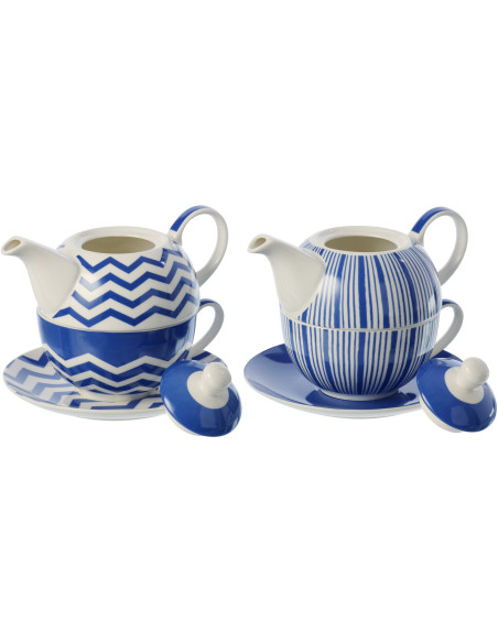 Lot de 2 Théières égoïstes bord de mer Porcelaine Bleu Blanc Motif lignes Ondeona 