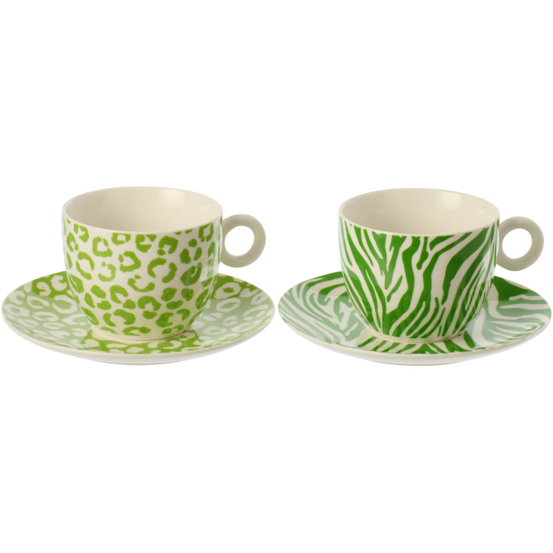 Lot de 2 Tasses Jungle chic Porcelaine Vert Blanc Motif zèbre & léopard Léoze 